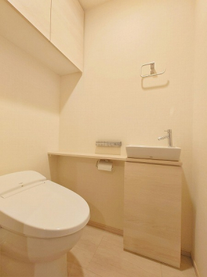 トイレ　トイレ／手洗いカウンター付タンクレストイレ、背面には吊り戸棚付。