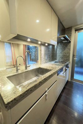 キッチン　システムキッチン約3.7帖／テラスに出られるドアがあります。高級感のあるカウンタートップ、食洗機・浄水器・ディスポーザー付