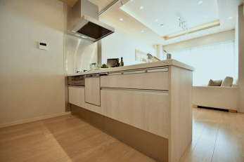 キッチン　システムキッチン／新規交換済、食洗機・浄水器内蔵水栓付、ナチュラルカラーのお部屋に調和したキッチンです。