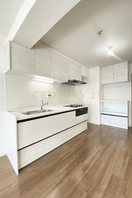 キッチン　システムキッチン／新規交換済、お部屋の雰囲気に馴染む白を基調としたシステムキッチンです。サイドにはカップボードも設置されており、すっきりとした空間づくりが出来ます。