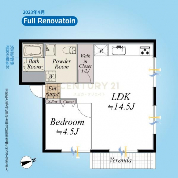 　間取図／1階部分北東角住戸１LDK＋Wic、内装フルリノベーション済につき室内・設備一新