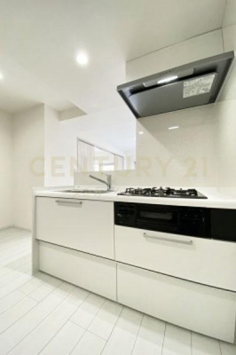 キッチン　システムキッチン／新規交換済、お部屋の内装に合わせた白が基調のシステムキッチンです。