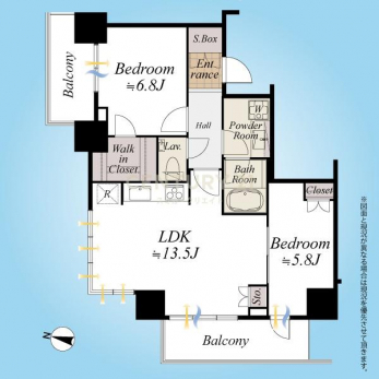 　間取図／14階部分角住戸2LDK＋Wic＋2面バルコニー、通風・眺望良好、内装リフォーム実施済みです！ペットと一緒に暮らせます！
